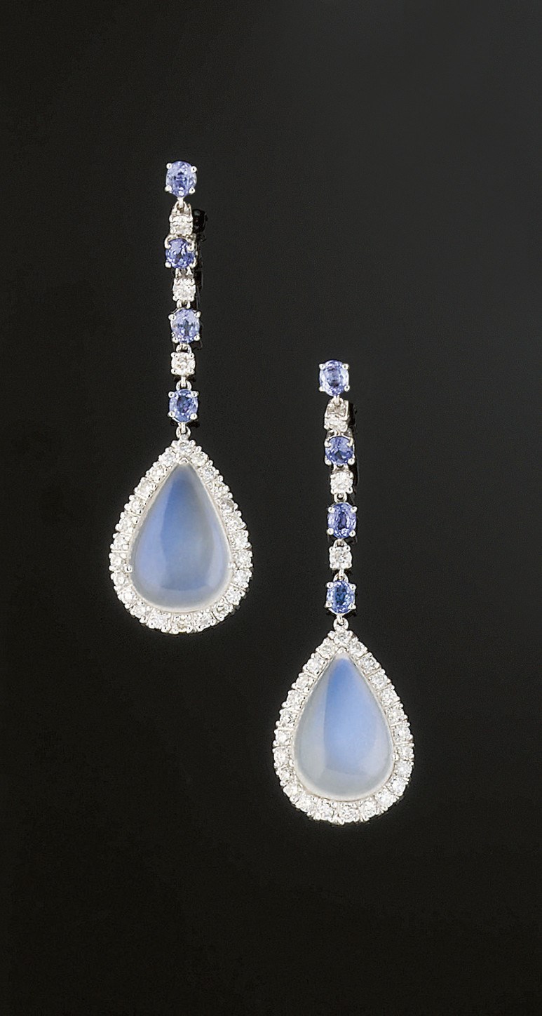 A PAIR OF MOONSTONE, DIAMOND AND TANZANITE EARPENDANTS