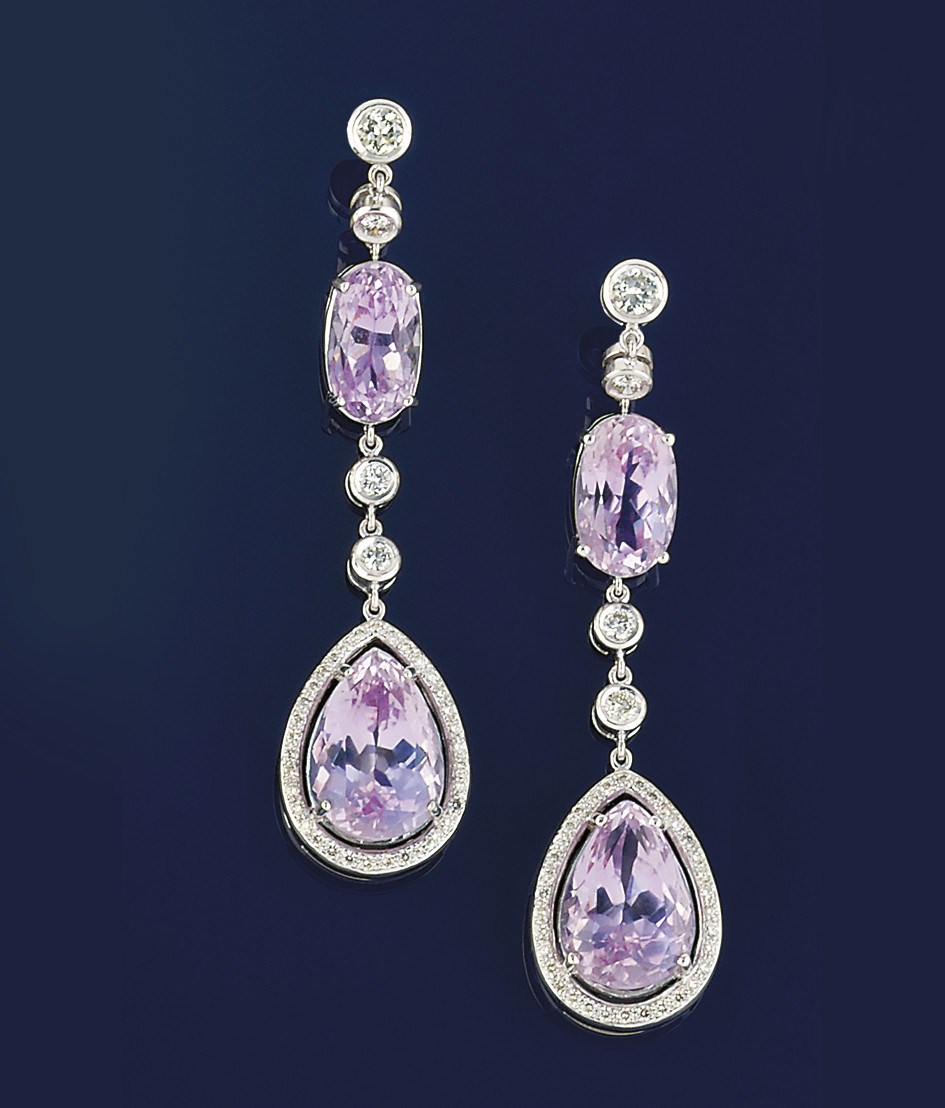 A pair of kunzite and diamond earpendants