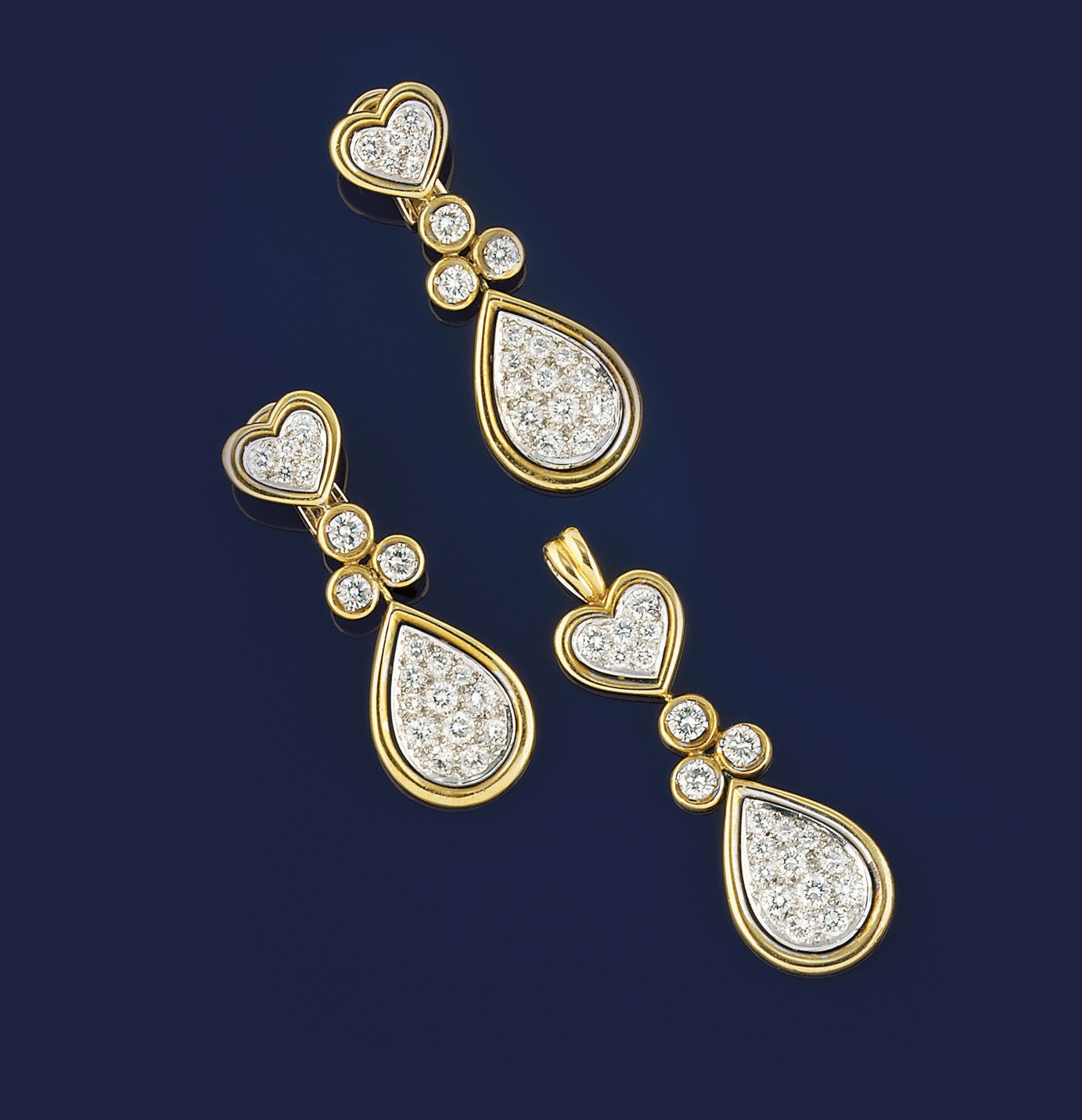 A PAIR OF DIAMOND EARPENDANTS AND A PENDANT, BY KUTCHINSKY