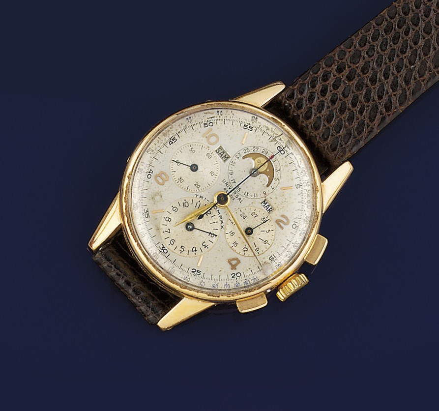 A CHRONOGRAPH CALENDAR WRISTWATCH WITH PHASES OF THE MOON, BY UNIVERSAL