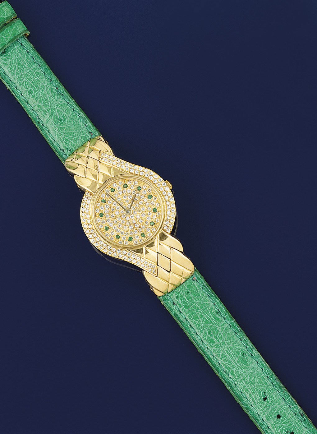 A DIAMOND AND EMERALD SET WRISTWATCH, BY ALEXIS BARTHELAY