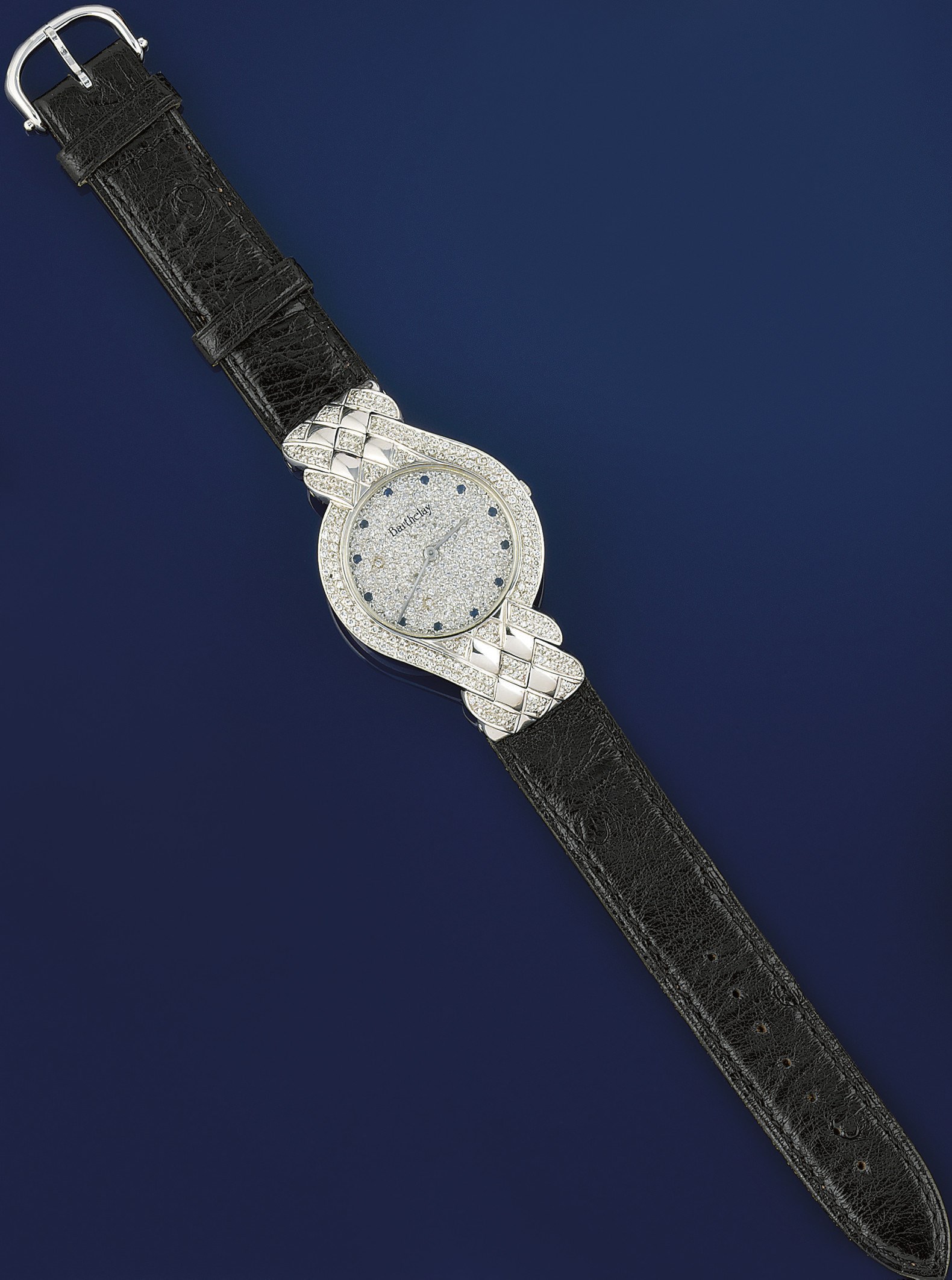 AN 18CT. WHITE GOLD, DIAMOND AND SAPPHIRE WRISTWATCH, BY ALEXIS BARTHELAY