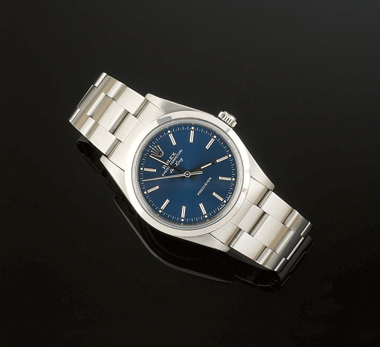 A STAINLESS STEEL AUTOMATIC "AIR-KING" WRISTWATCH, BY ROLEX
