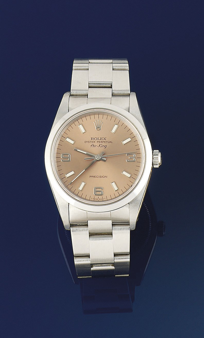 A STAINLESS STEEL AUTOMATIC "AIR-KING" WRISTWATCH, BY ROLEX