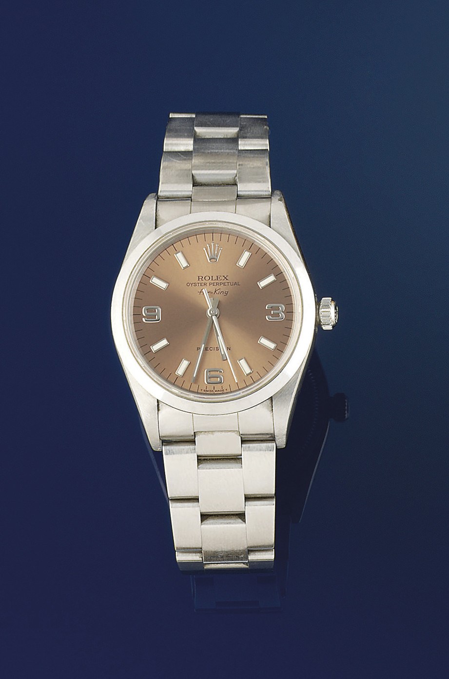 A STAINLESS STEEL AUTOMATIC "AIR-KING" WRISTWATCH, BY ROLEX