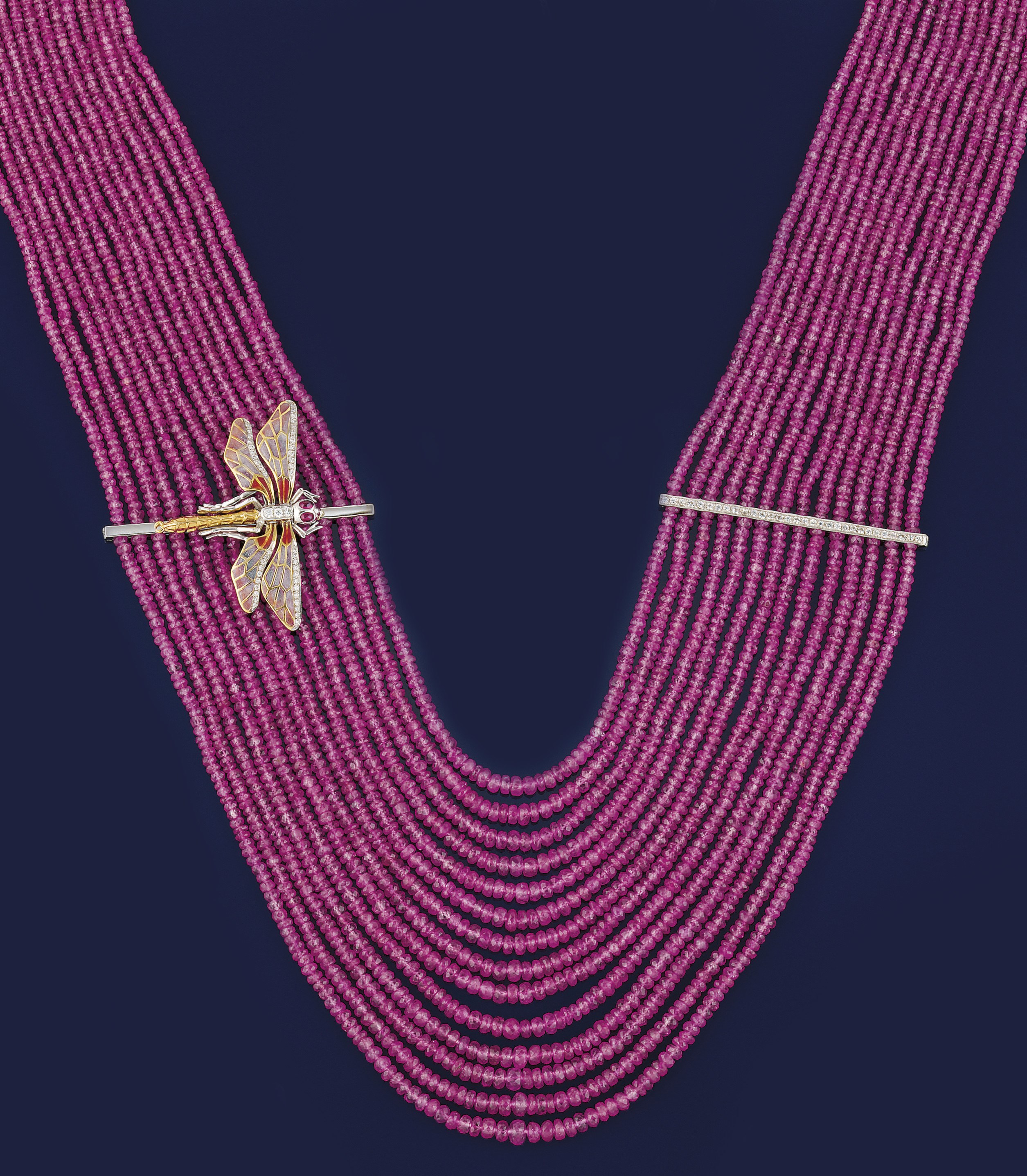 A pink sapphire, diamond and enamel necklace
