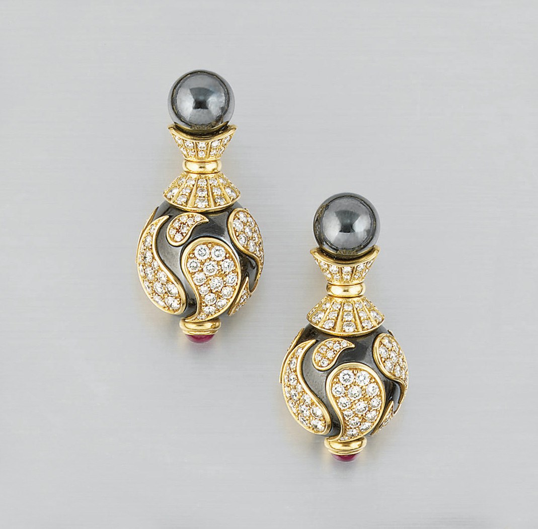 A PAIR OF DIAMOND, RUBY AND HEMATITE "CASMIR" EARPENDANTS, BY CHOPARD