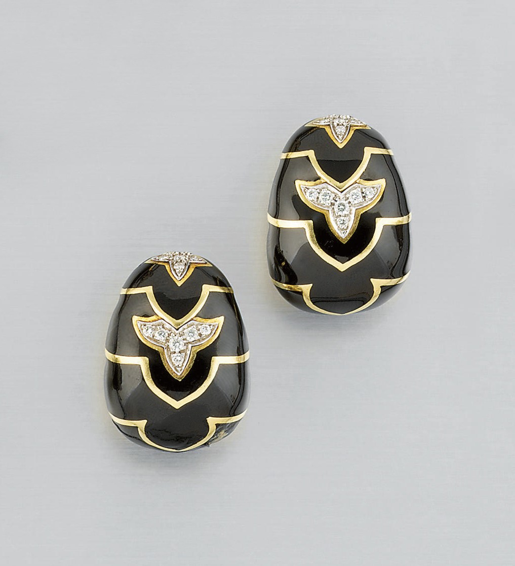 A PAIR OF DIAMOND AND ENAMEL EARCLIPS, BY DAVID WEBB