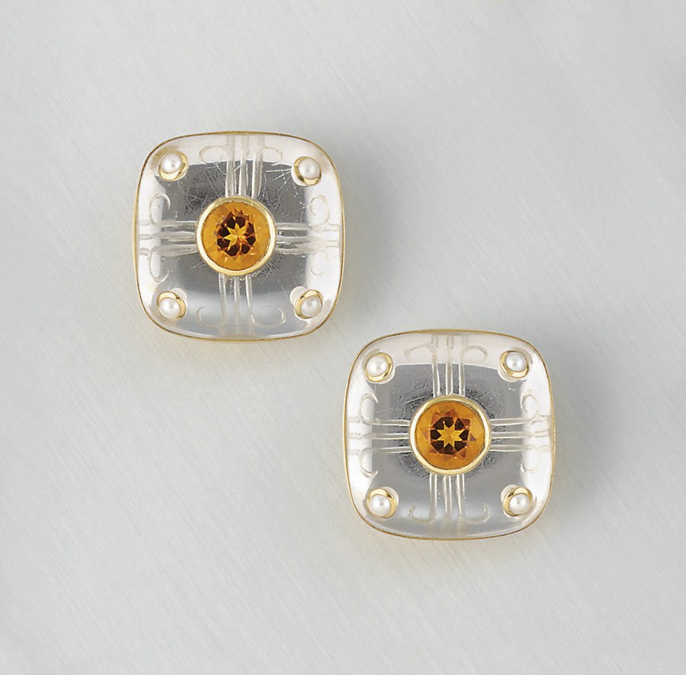 A PAIR OF ROCK CRYSTAL, CITRINE AND CULTURED PEARL EARCLIPS, BY TRIANON