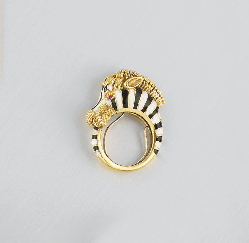 A ruby and enamel zebra ring, by Frascarolo