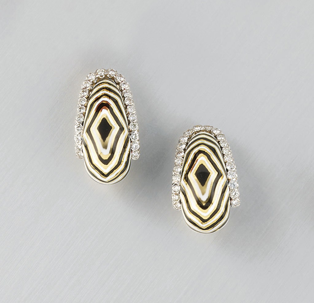 A pair of diamond and enamel earclips, by David Webb