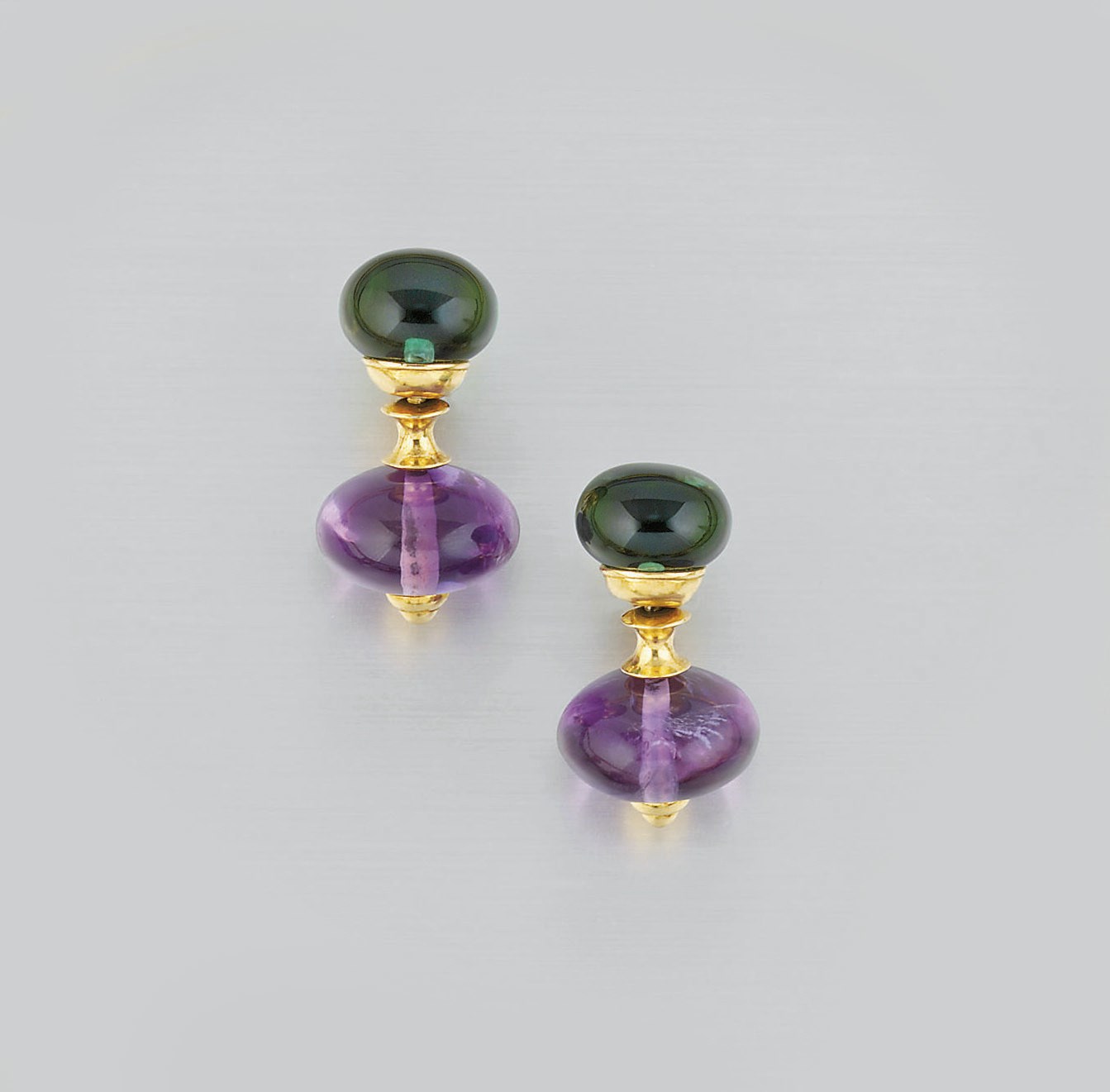 A PAIR OF AMETHYST AND GREEN TOURMALINE EARPENDANTS, BY MARINA B