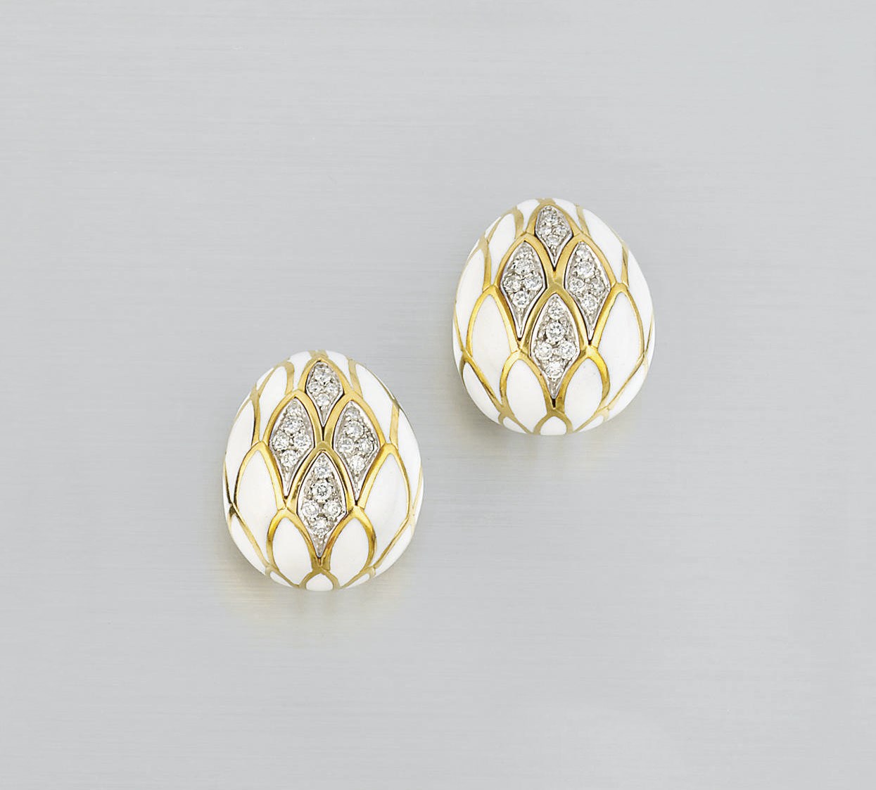 A PAIR OF DIAMOND AND ENAMEL EARCLIPS, BY DAVID WEBB