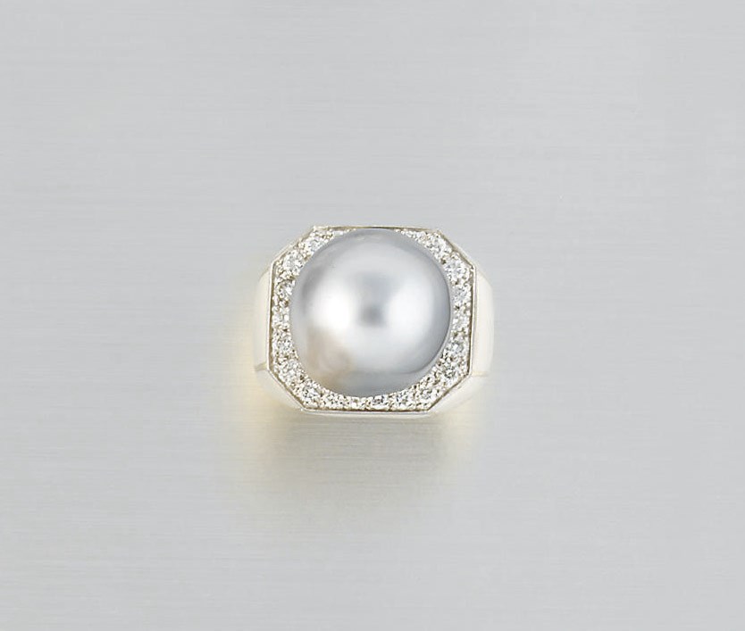 A CULTURED PEARL, DIAMOND AND ENAMEL RING, BY DAVID WEBB