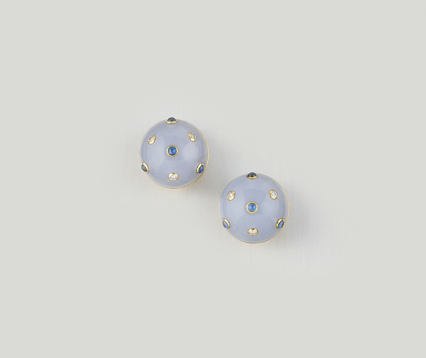 A PAIR OF CHALCEDONY, DIAMOND AND SAPPHIRE EARCLIPS, BY SEAMAN SCHEPPS