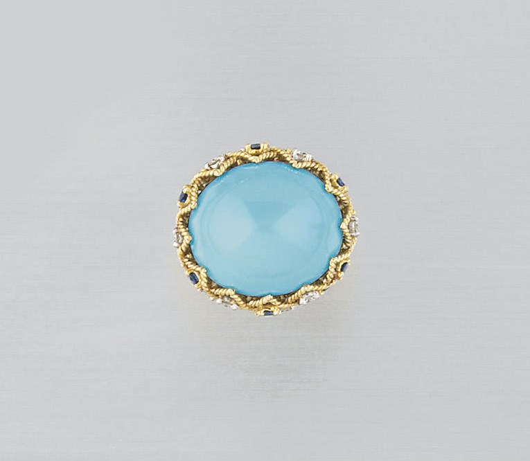 A turquoise, sapphire and diamond ring, by Cartier