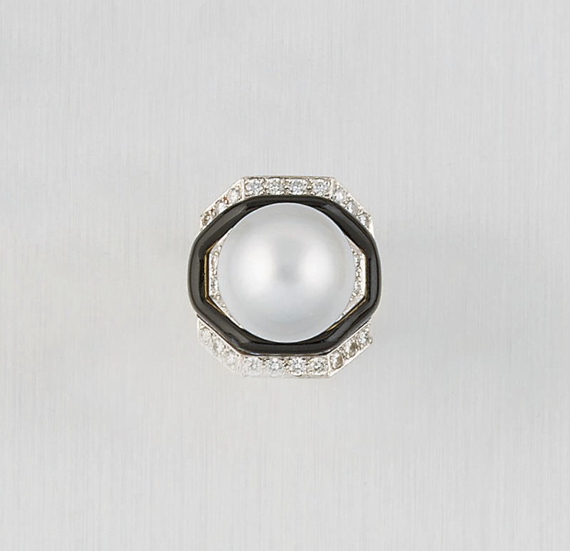 A cultured pearl, diamond and enamel ring, by David Webb