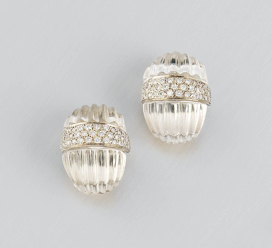 A PAIR OF ROCK CRYSTAL AND DIAMOND EARCLIPS
