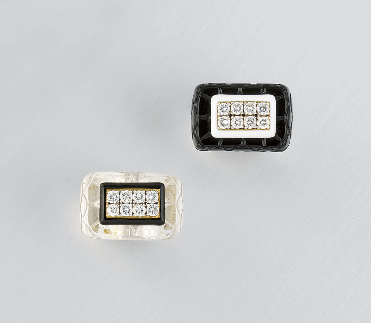 TWO DIAMOND, ENAMEL, ROCK CRYSTAL AND ONYX RINGS, BY DAVID WEBB