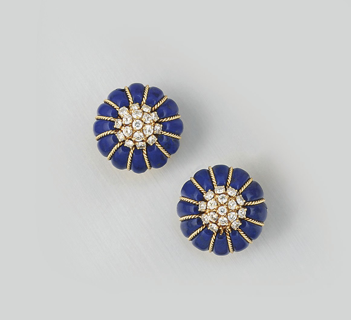A pair of diamond and lapis lazuli earclips by Tiffany & Co