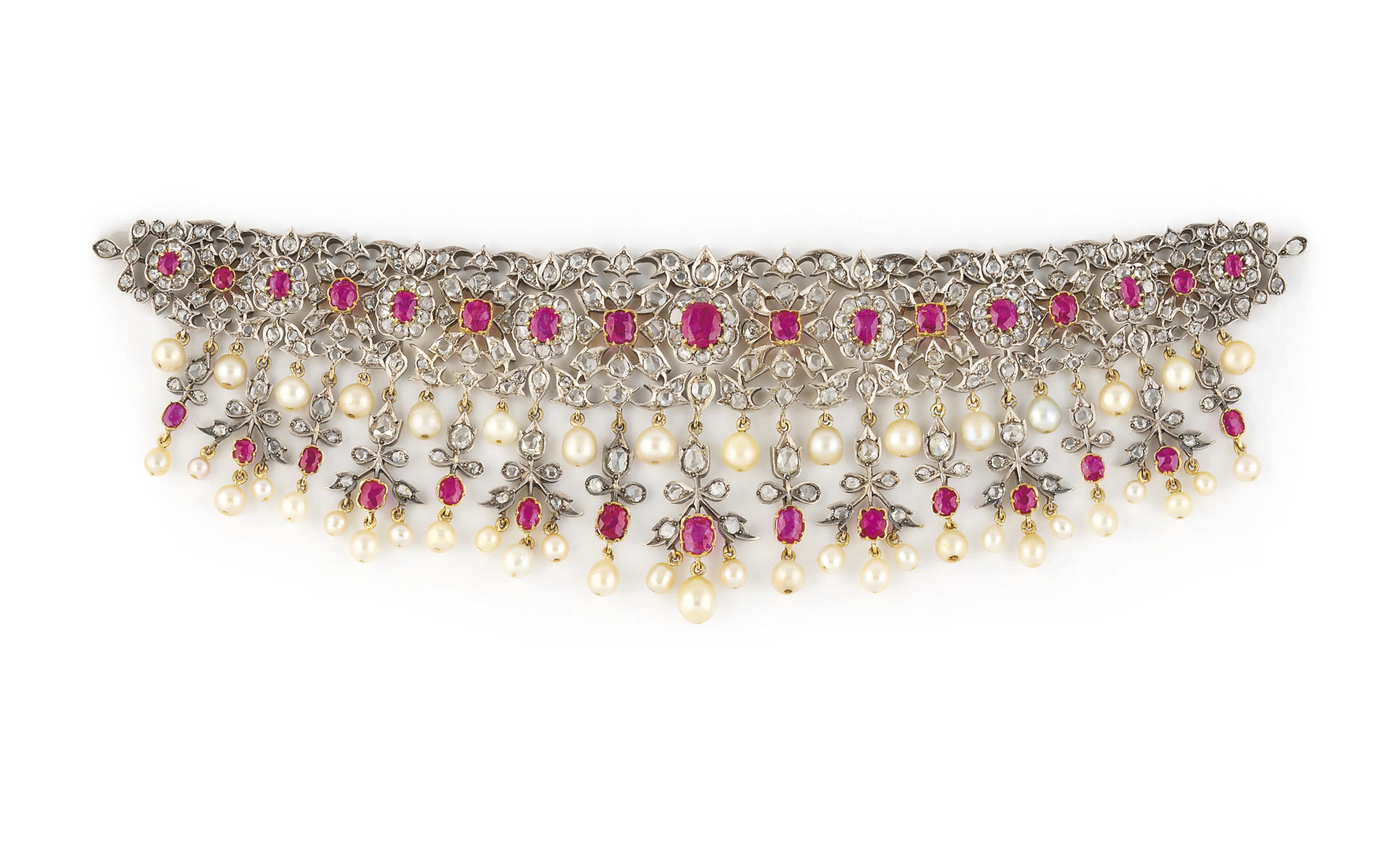 A LATE 19TH/EARLY 20TH CENTURY INDIAN RUBY, DIAMOND AND PEARL NECKLACE