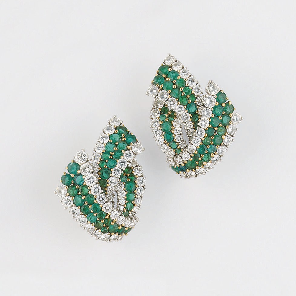 A pair of emerald and diamond earclips