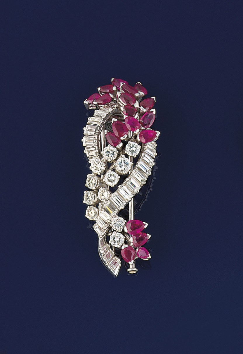 A diamond and ruby brooch