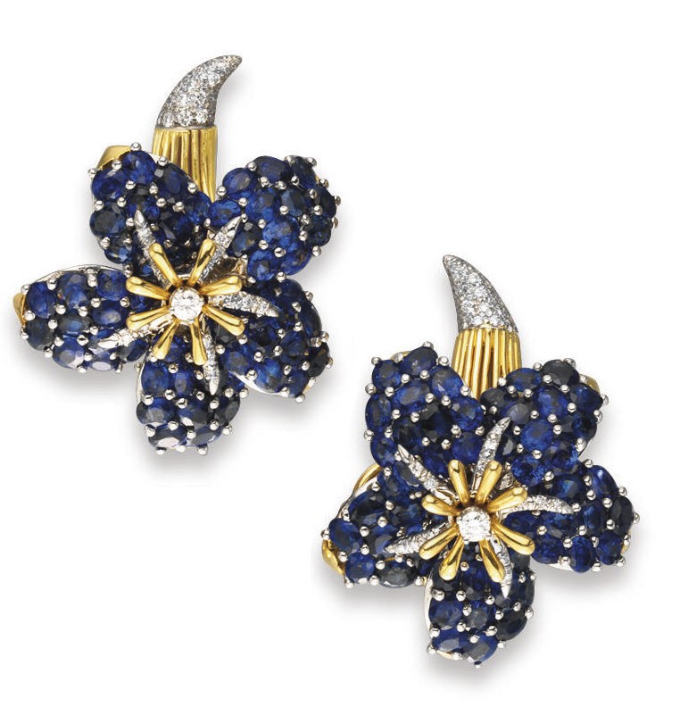 A PAIR OF SAPPHIRE AND DIAMOND "MORNING GLORY" EAR CLIPS, BY JEAN SCHLUMBERGER, TIFFANY & CO.