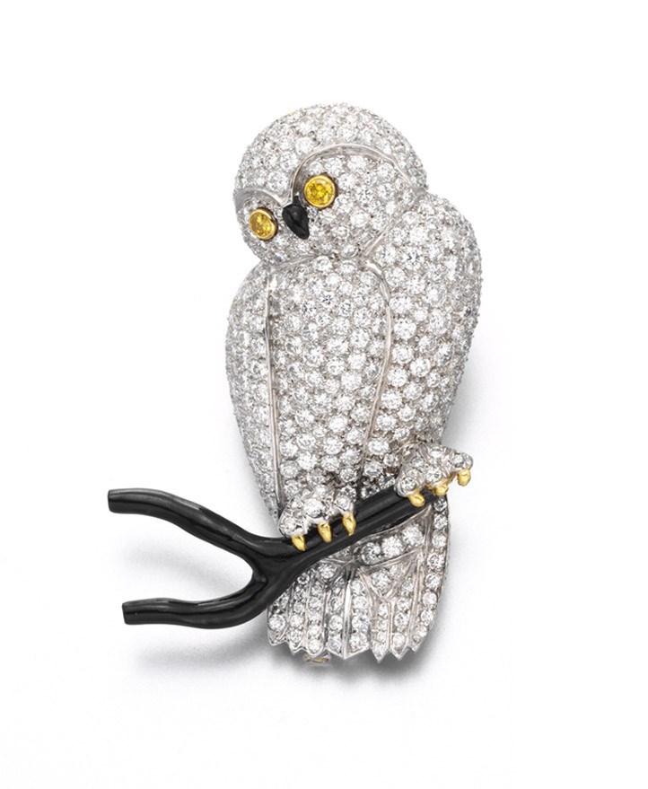 **A DIAMOND AND BLACK CORAL OWL BROOCH, BY VAN CLEEF & ARPELS