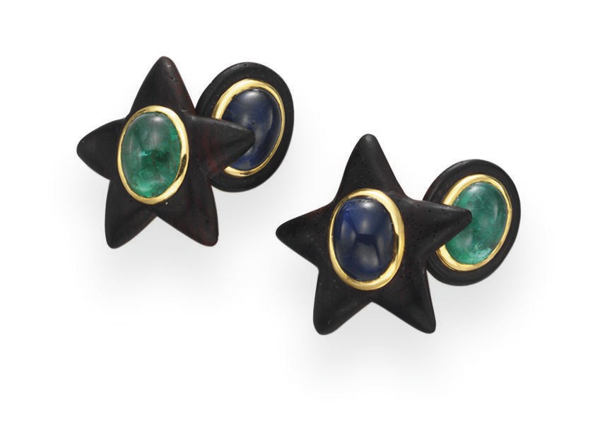 A PAIR OF EBONY, SAPPHIRE AND EMERALD CUFFLINKS, BY TAFFIN