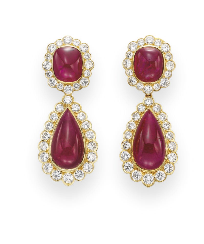 A PAIR OF RUBY AND DIAMOND EAR PENDANTS, BY VAN CLEEF & ARPELS