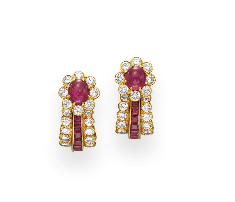 A PAIR OF RUBY AND DIAMOND EAR CLIPS, BY VAN CLEEF & ARPELS