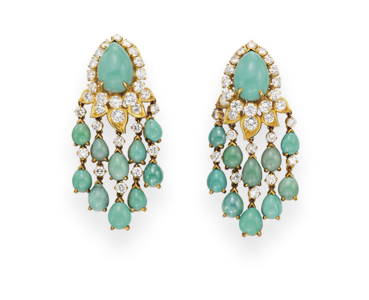A PAIR OF TURQUOISE AND DIAMOND EAR PENDANTS, BY VAN CLEEF & ARPELS
