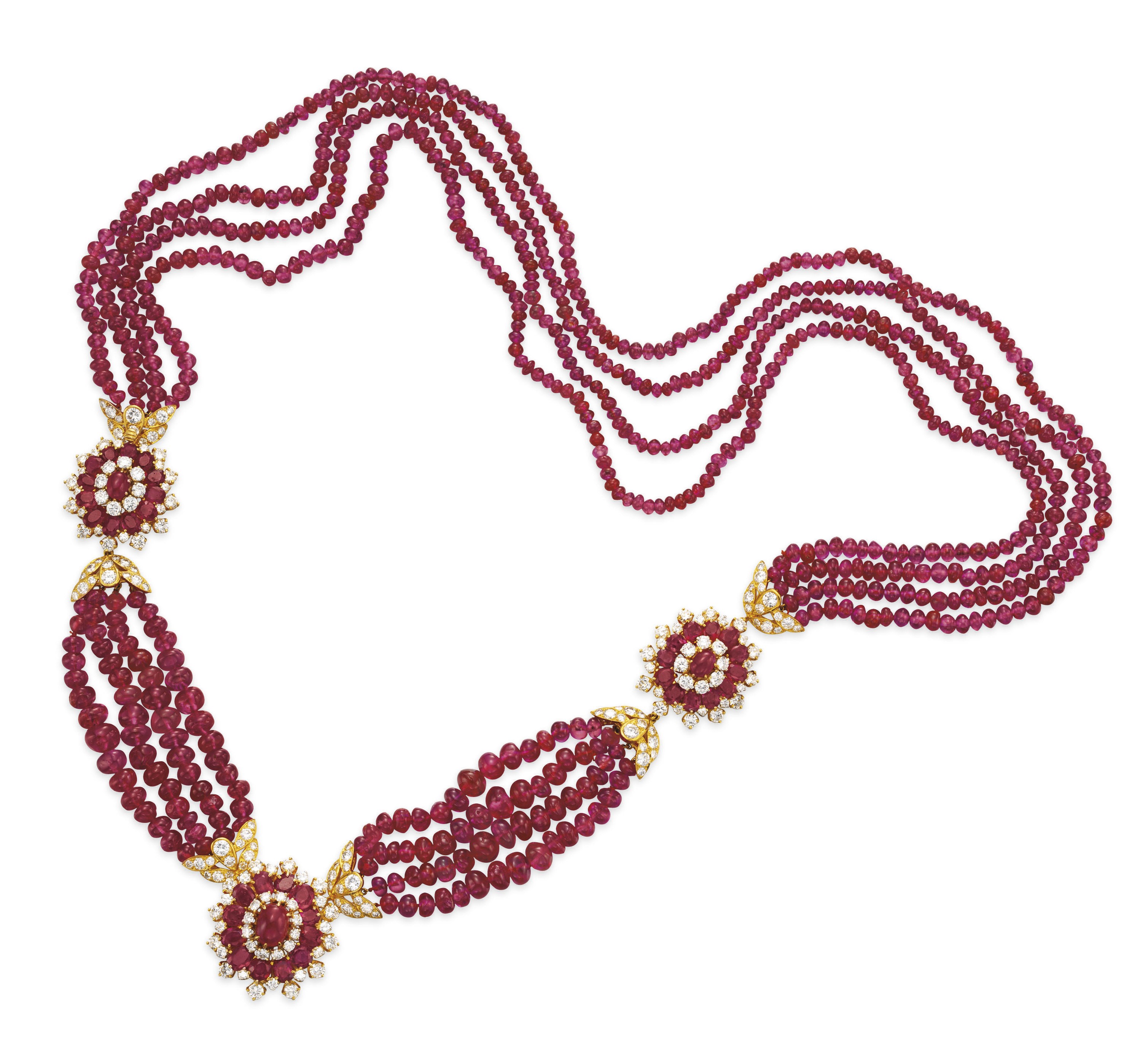 A RUBY BEAD AND DIAMOND NECKLACE, BY VAN CLEEF & ARPELS
