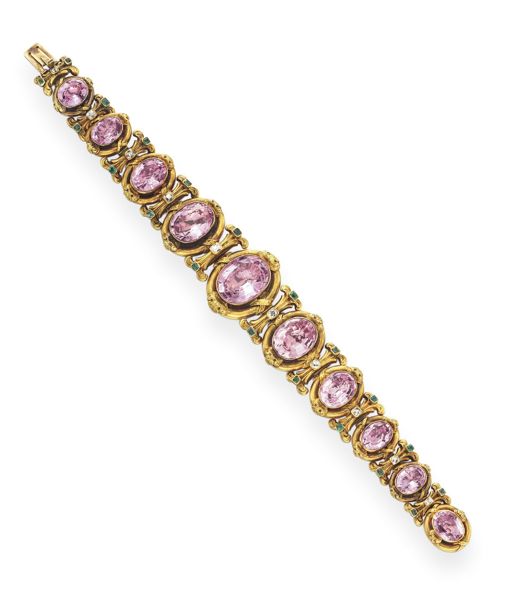 AN ANTIQUE PINK TOPAZ, DIAMOND AND EMERALD BRACELET