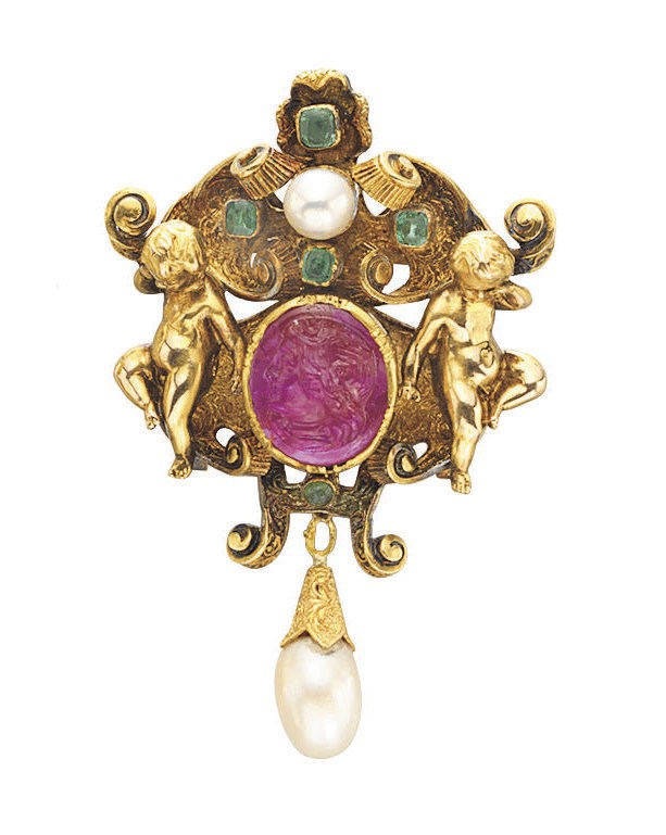 A RENAISSANCE-REVIVAL MULTI-GEM AND GOLD BROOCH