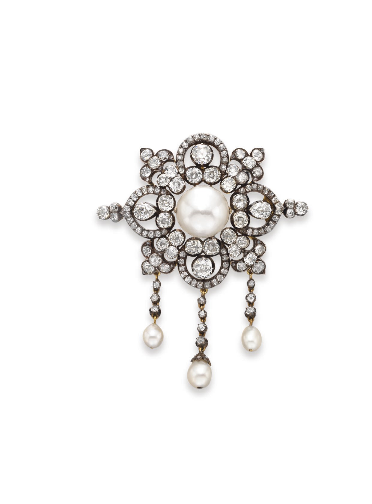 AN ANTIQUE PEARL AND DIAMOND BROOCH