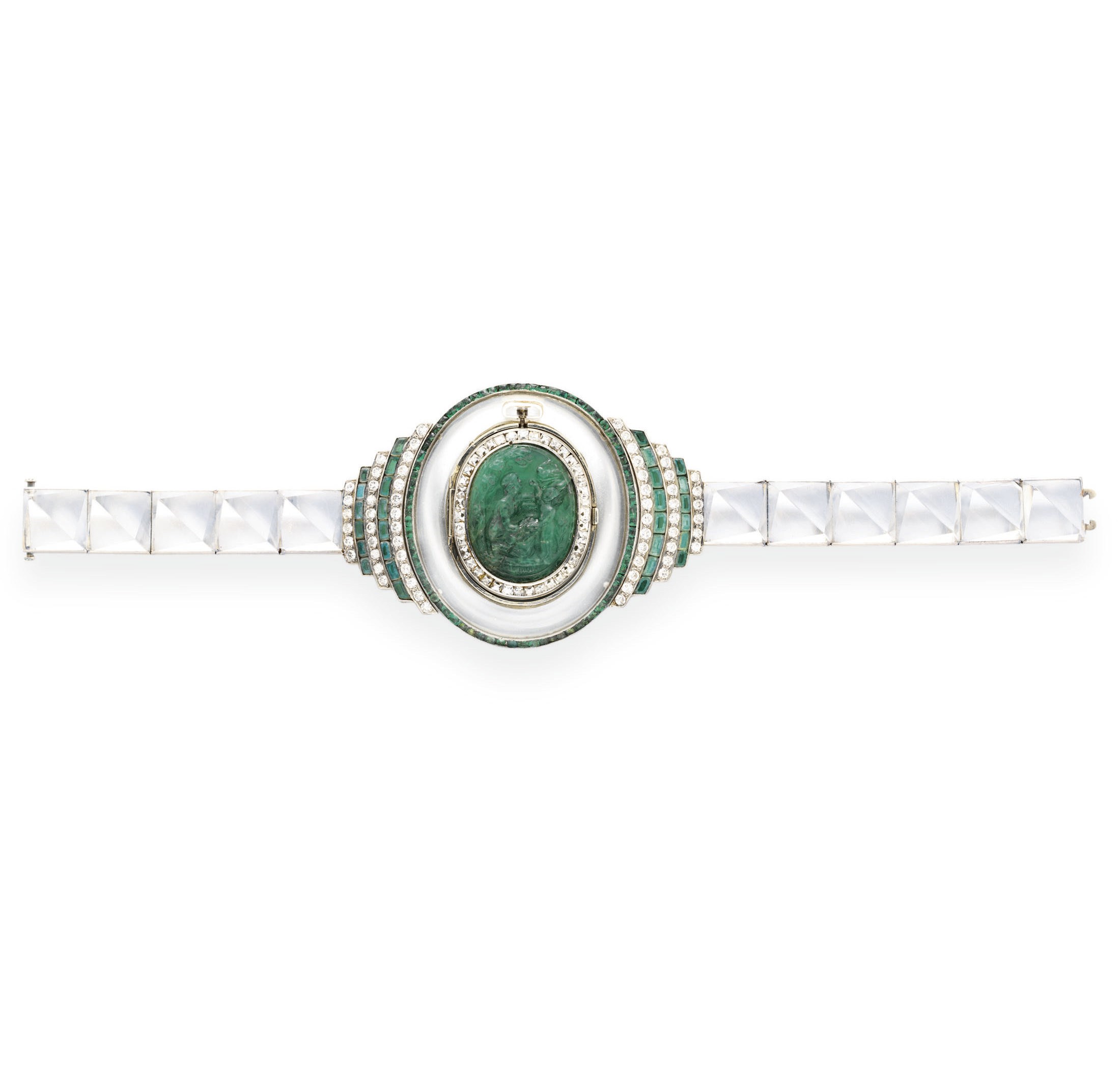AN ART DECO ROCK CRYSTAL AND MULTI-GEM BRACELET-WATCH