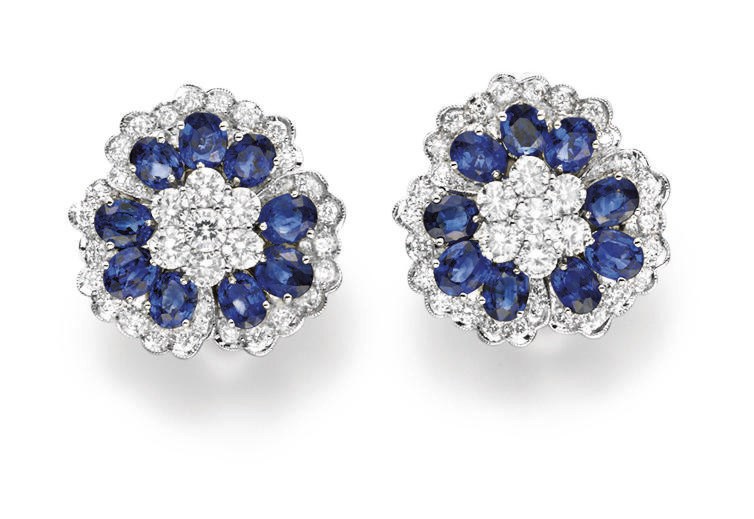 A PAIR OF SAPPHIRE AND DIAMOND FLOWER EAR CLIPS