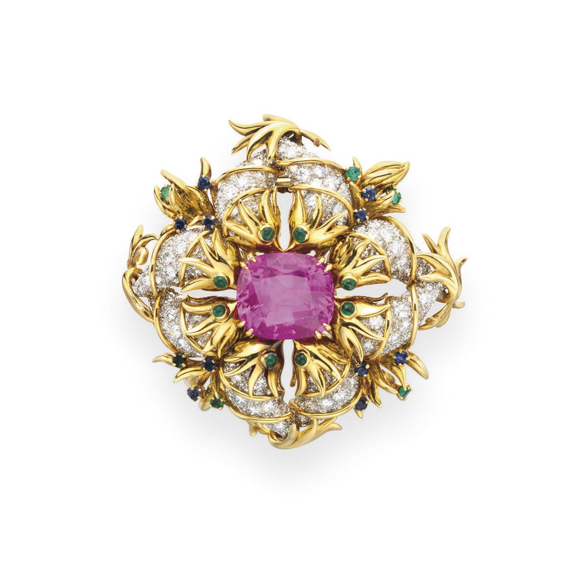 A MULTI-GEM AND DIAMOND "DOLPHIN" BROOCH, BY TIFFANY & CO.