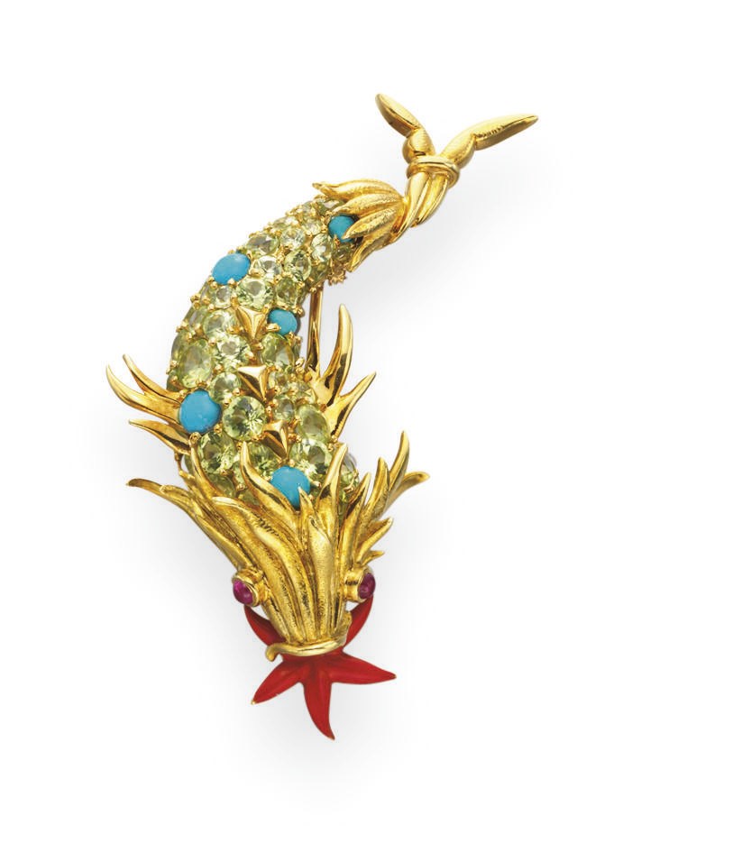 A MULTI-GEM, GOLD AND ENAMEL "DAUPHIN" BROOCH, BY JEAN SCHLUMBERGER, TIFFANY & CO.