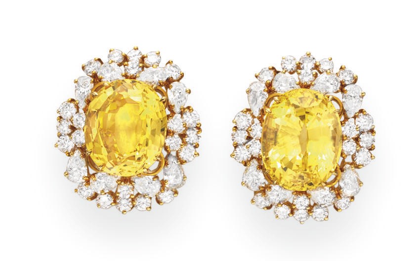A PAIR OF YELLOW SAPPHIRE AND DIAMOND EAR CLIPS