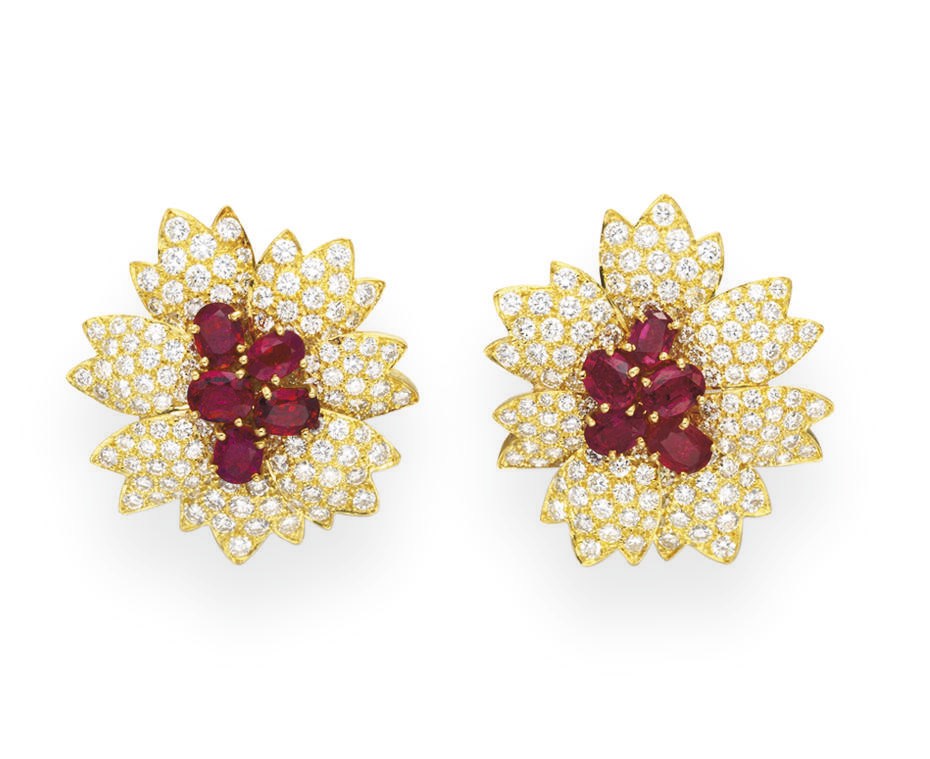 A PAIR OF RUBY AND DIAMOND FLOWER EAR CLIPS, BY VAN CLEEF & ARPELS