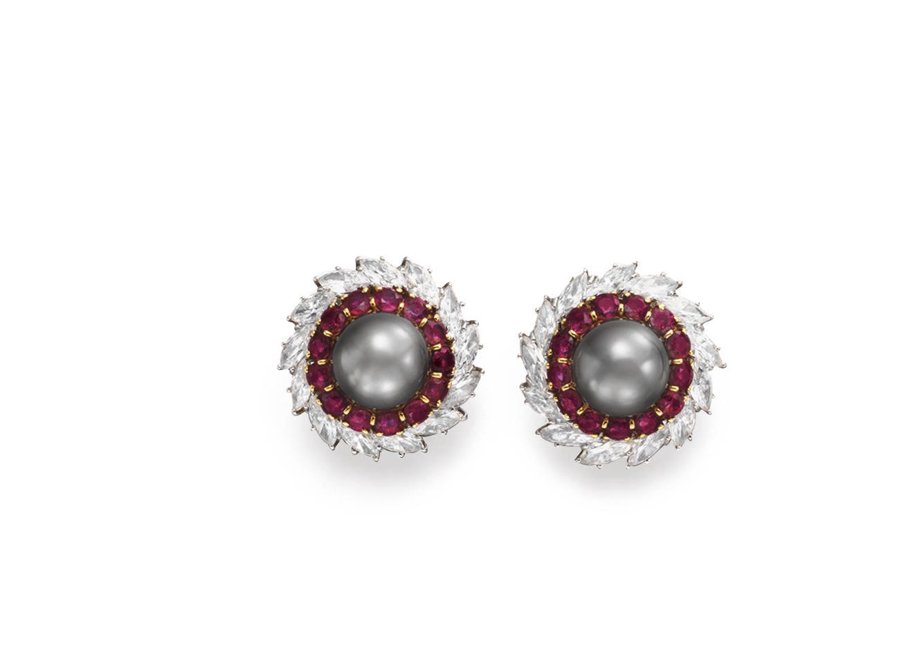 A PAIR OF BLACK CULTURED PEARL, DIAMOND AND RUBY EAR CLIPS, BY HARRY WINSTON