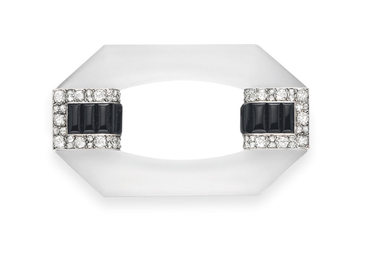 AN ART DECO ROCK CRYSTAL, DIAMOND AND ONYX BROOCH, BY GEORGES FOUQUET
