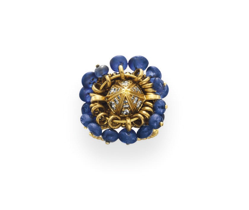 A SAPPHIRE BEAD, DIAMOND AND GOLD RING, BY RENE BOIVIN