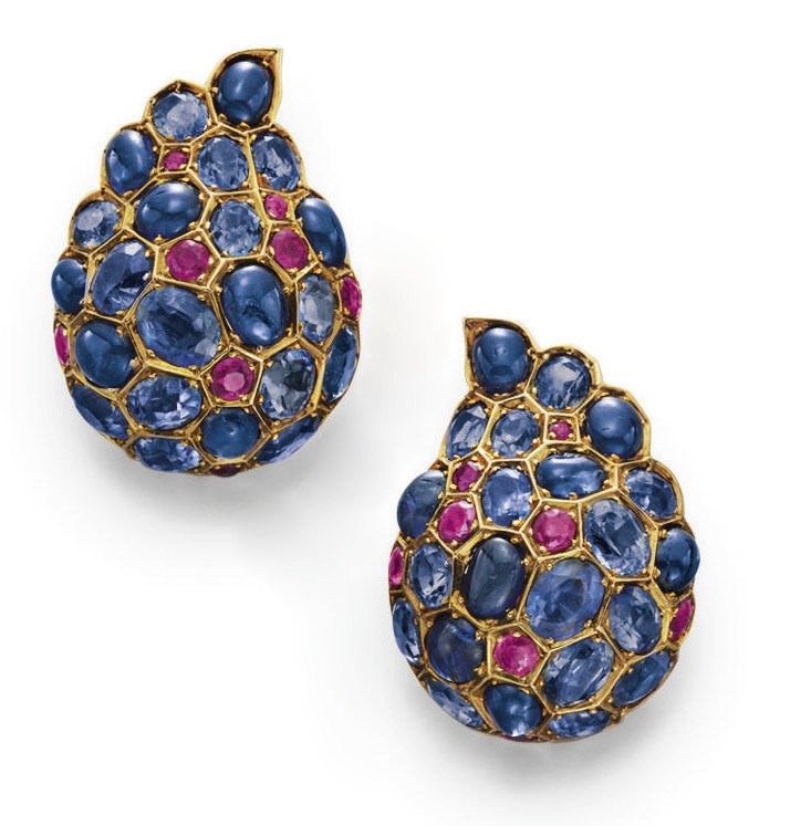 A PAIR OF SAPPHIRE AND RUBY EAR CLIPS, BY RENE BOIVIN
