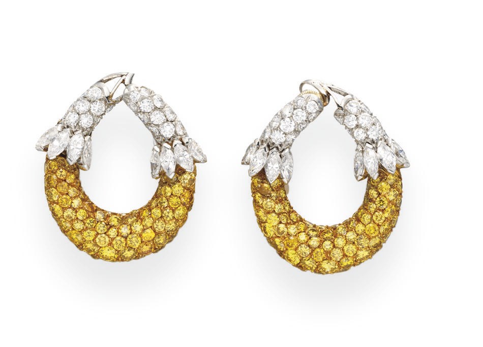 A PAIR OF COLORED DIAMOND EAR CLIPS, BY VAN CLEEF & ARPELS