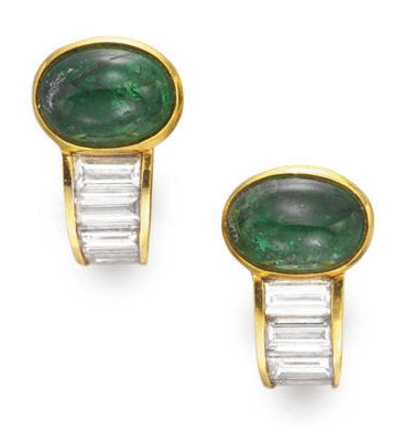 A PAIR OF EMERALD AND DIAMOND EAR CLIPS, BY BULGARI