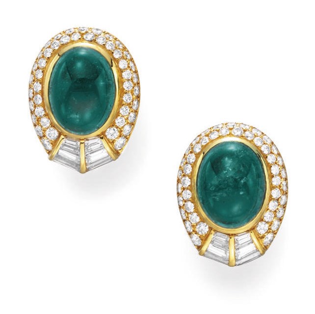 A PAIR OF EMERALD AND DIAMOND EAR CLIPS, BY BULGARI